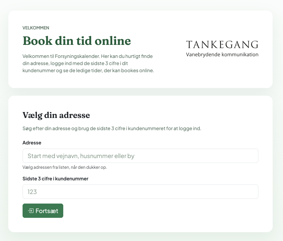 Skærmbillede af Tankegangs bookingflow til forsyningskalender